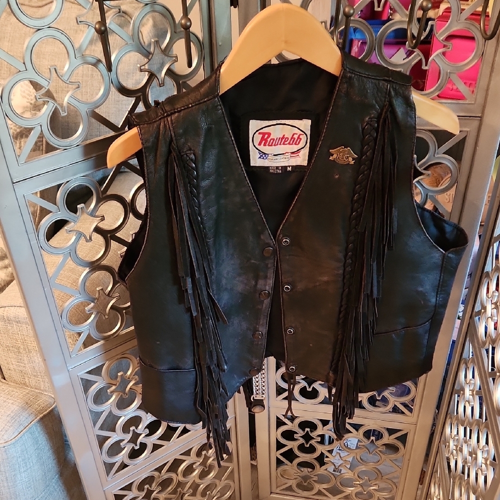 Route 66 Black Leather Vest with Fringe